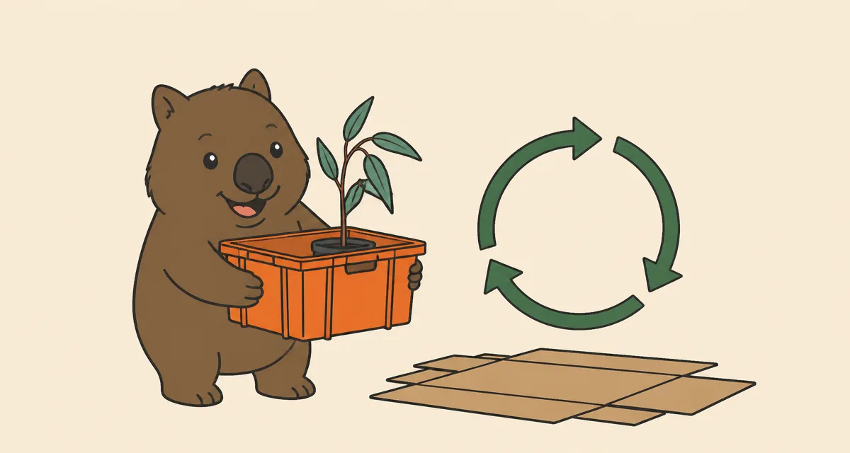 Wal the wombat holding an orange crate with a seedling beside a recycling loop and flattened cardboard