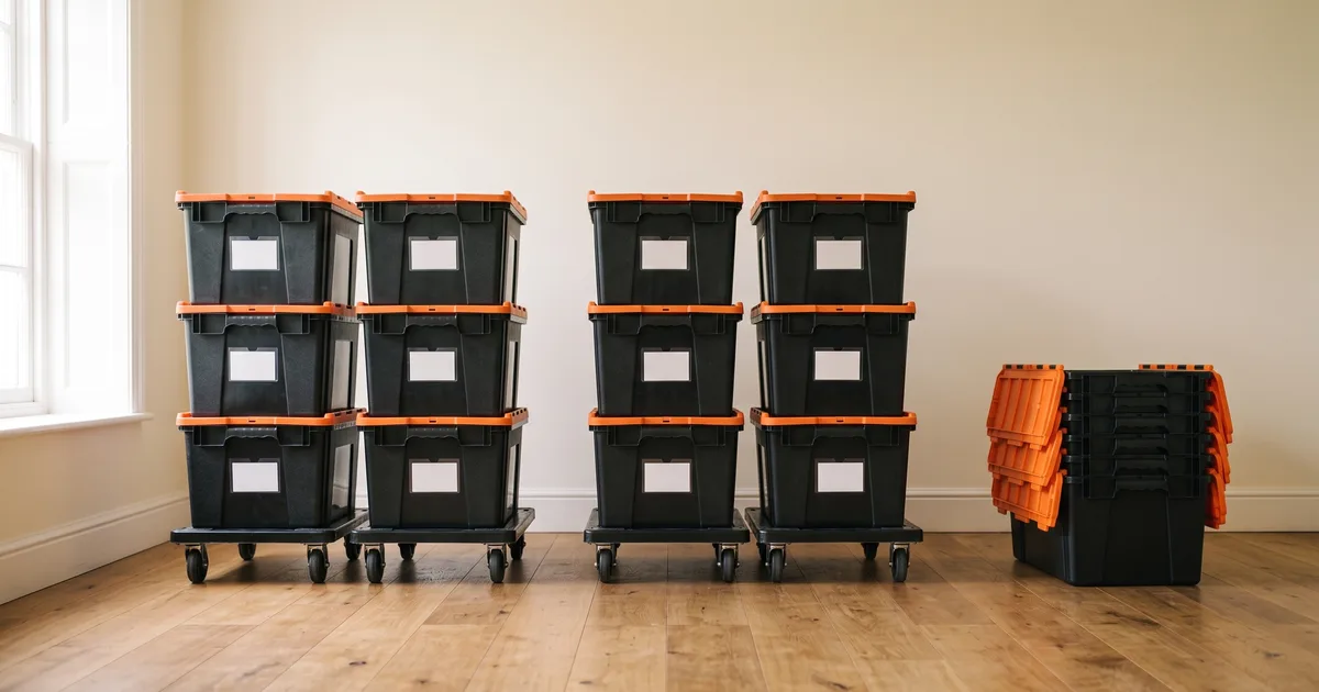 Reusable plastic moving crates stacked and labelled on a dolly in a Sydney home entryway
