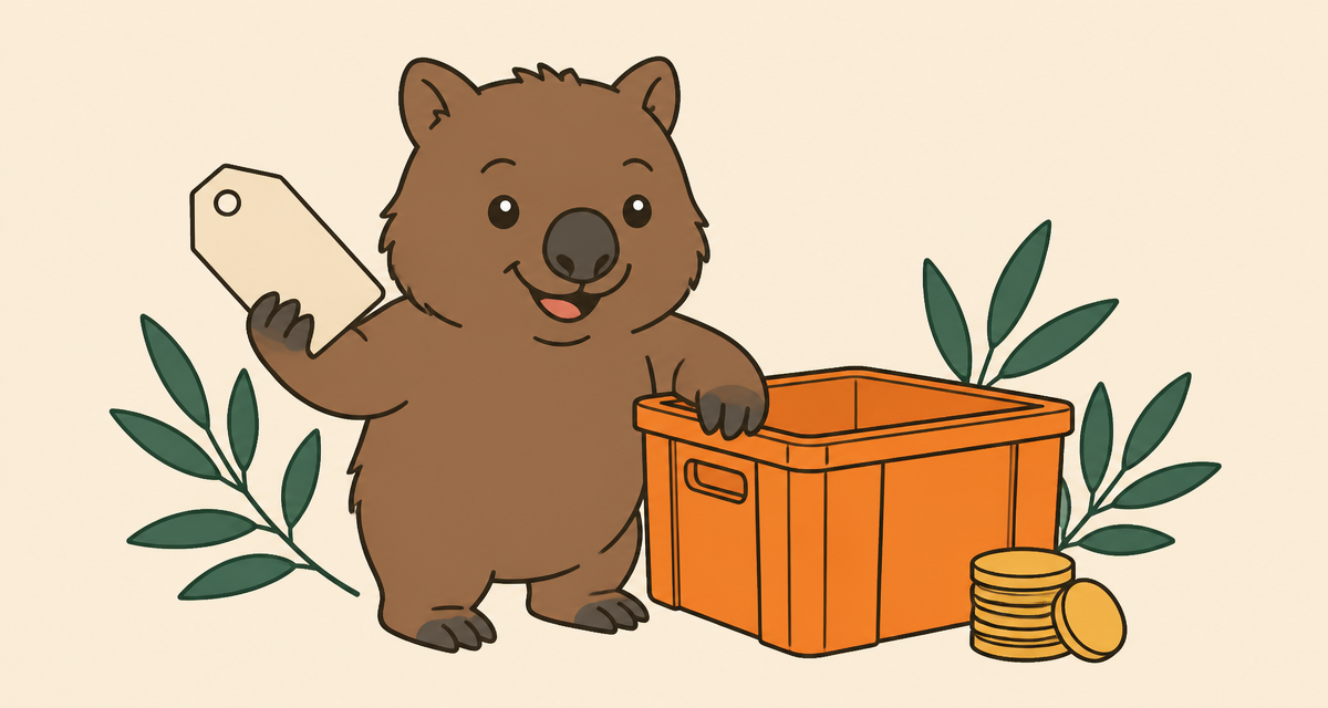 Wal the wombat holding a price tag next to an orange moving crate and coins