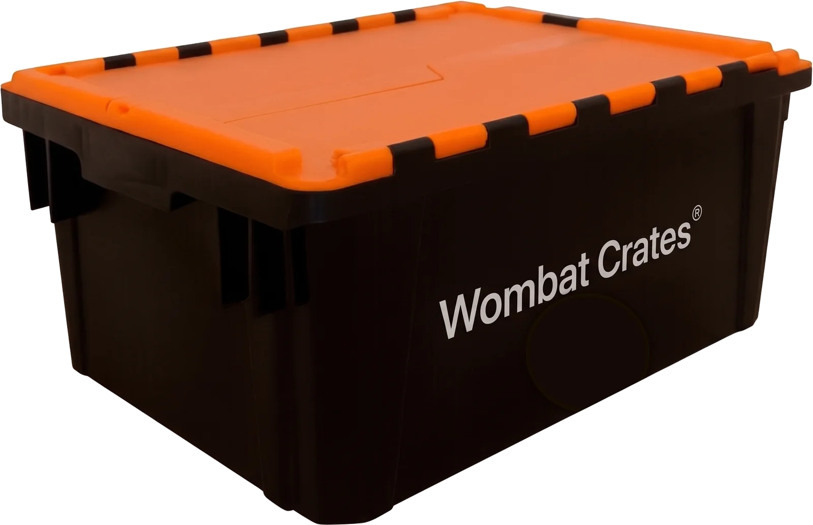 A black Wombat Crates moving crate with an orange attached lid