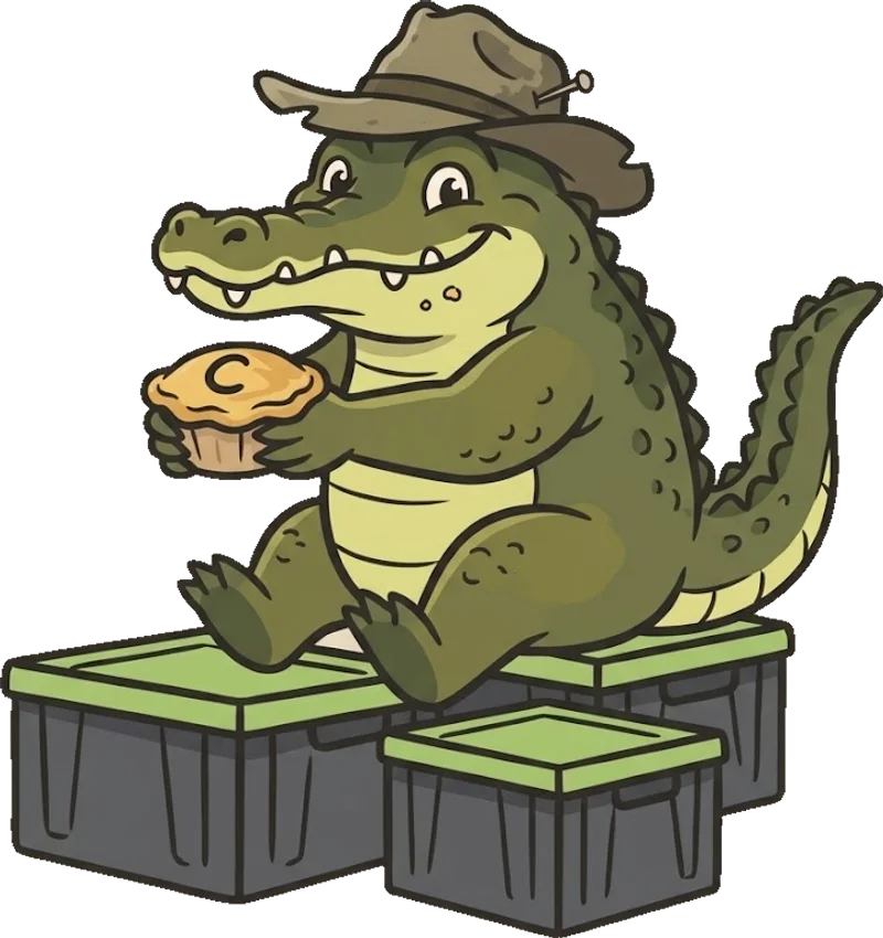 Croc, the Crocodile Crates mascot, eating a pie on a stack of crates