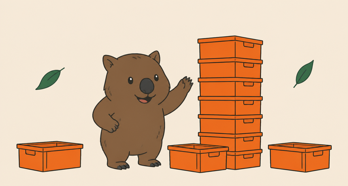 Wal the wombat counting a tall stack of orange plastic moving crates