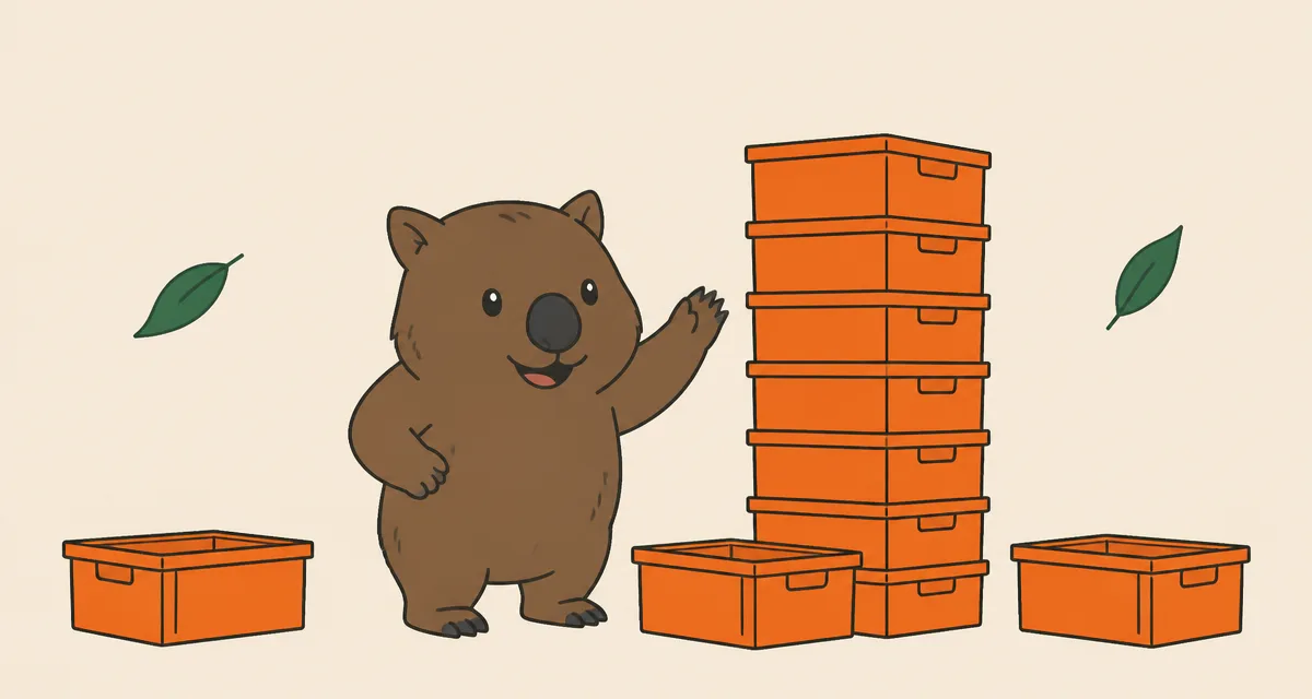 Wal the wombat counting a tall stack of orange plastic moving crates