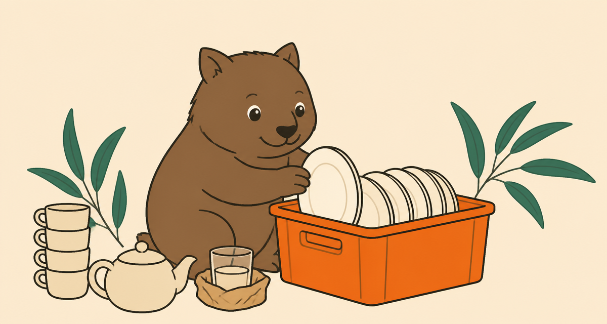 Wal the wombat packing plates on edge into an orange moving crate