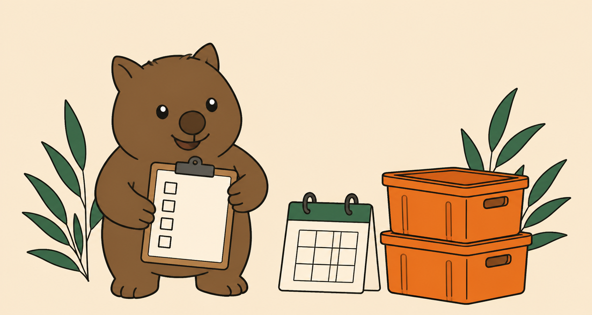 Wal the wombat holding a moving checklist beside a calendar and two orange crates
