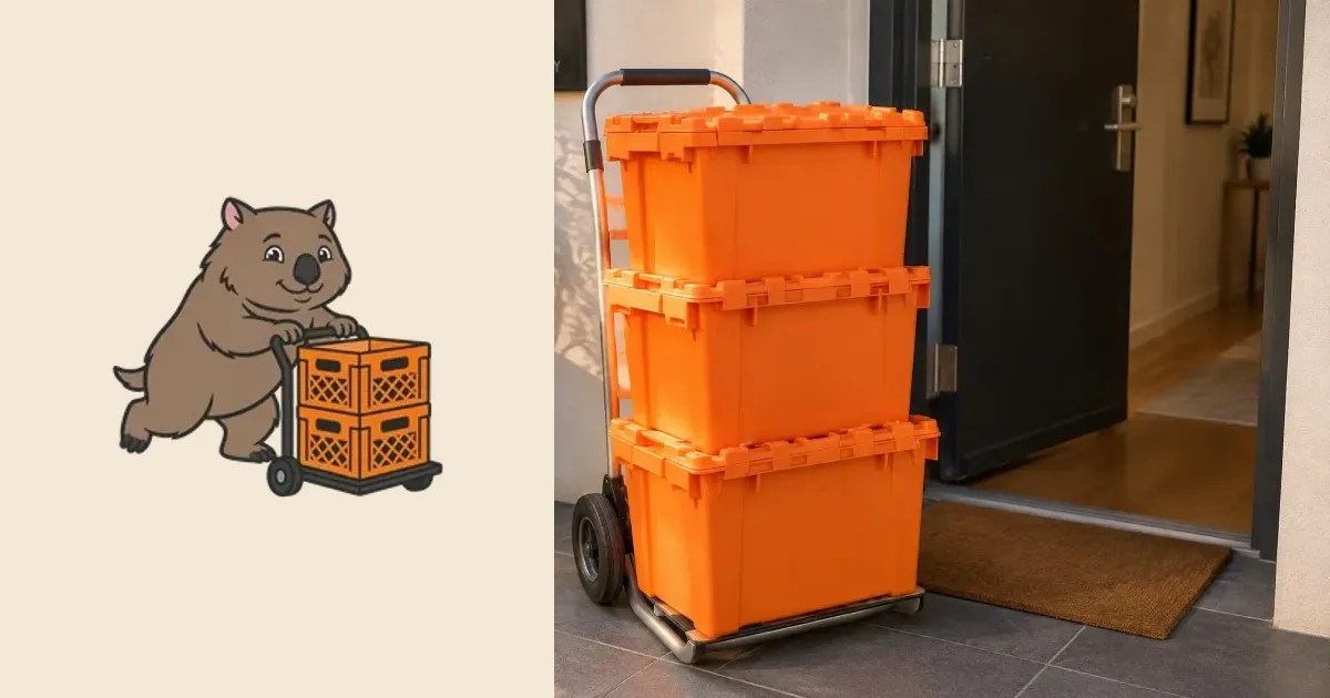 Wal the wombat wheeling a dolly of crates beside a photo of three orange plastic moving crates stacked on a dolly at a front door
