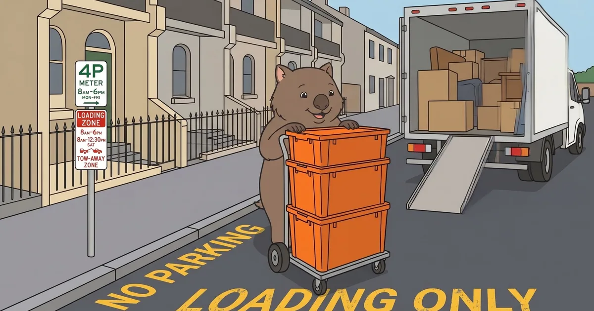 Wal the wombat wheeling three orange plastic moving crates on a dolly through a Sydney loading zone, past a tow-away zone sign, towards a removal truck with its ramp down